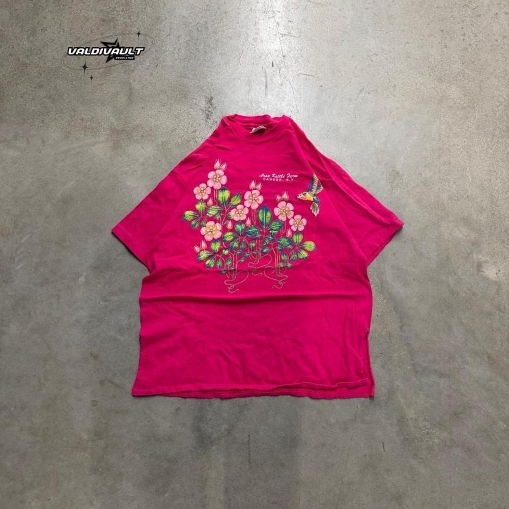 Vintage Pink Floral Shirt Women's XL Single Stitch T Shirt